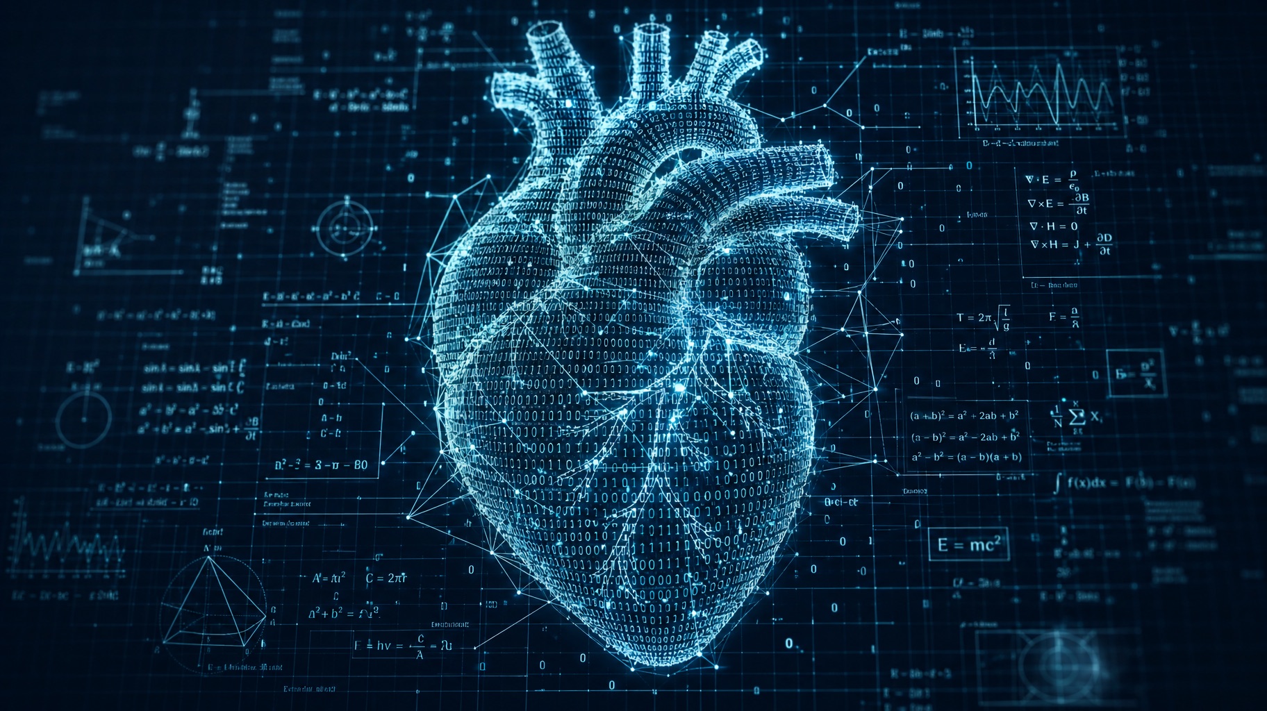 A digital wireframe heart rendered from binary data, surrounded by equations and waveform plots
