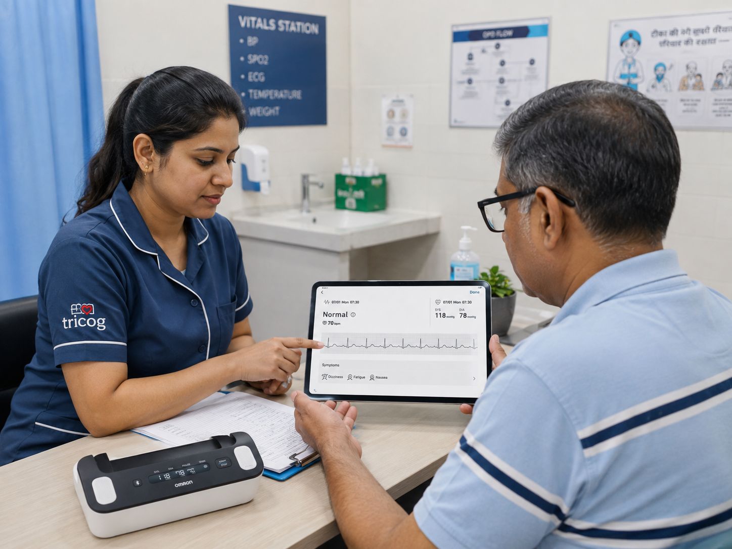 A patient checking in with a clinician at a front desk