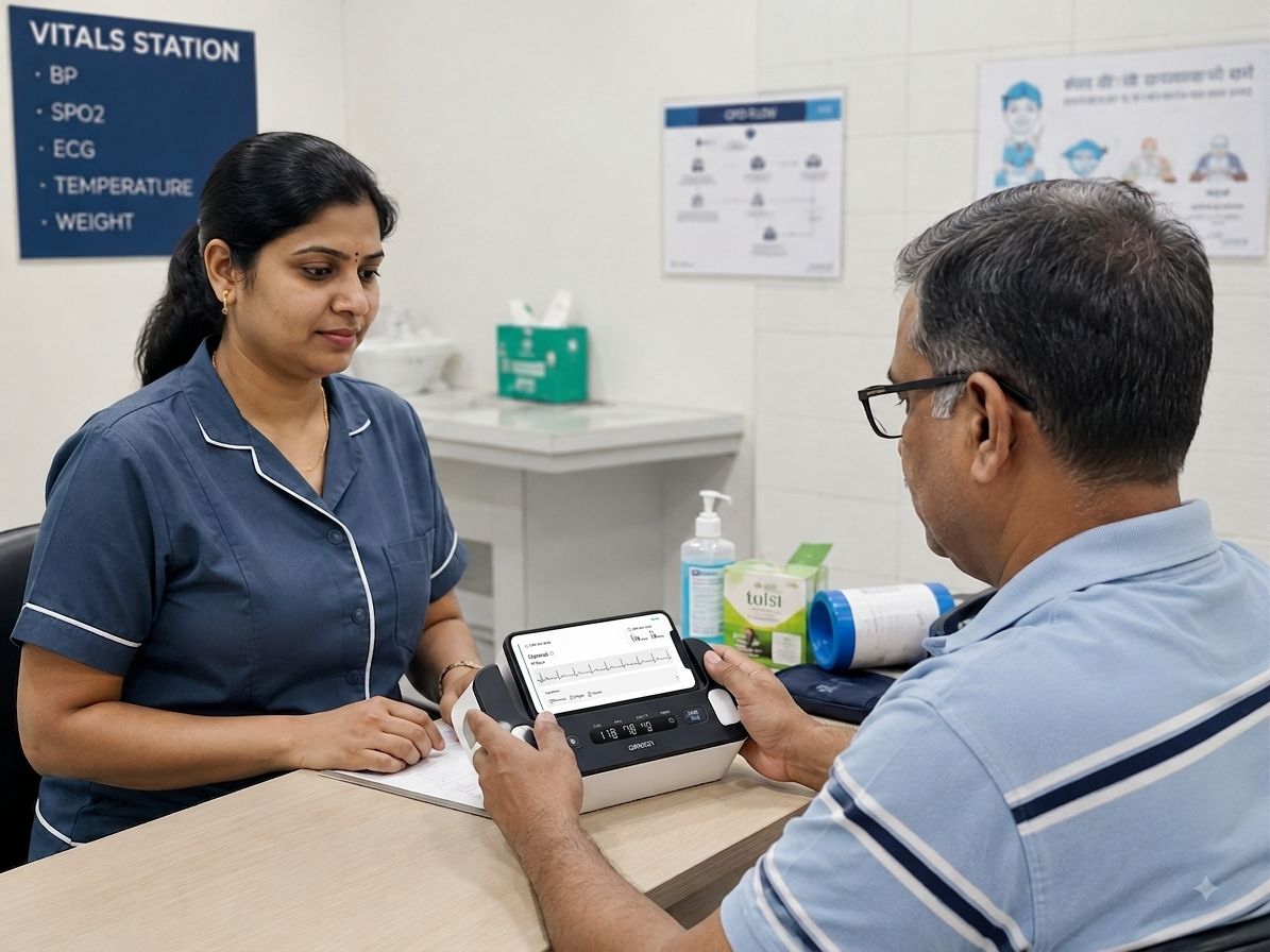 A patient checking in with a clinician at a front desk