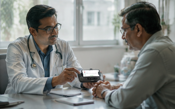 Cardiologist reviewing ECG trace with patient