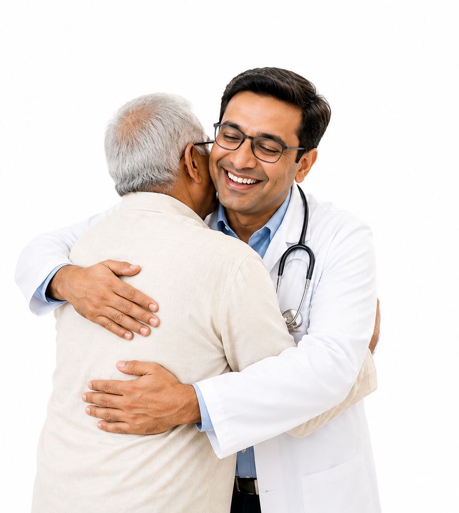 A doctor in a white coat embracing an older patient